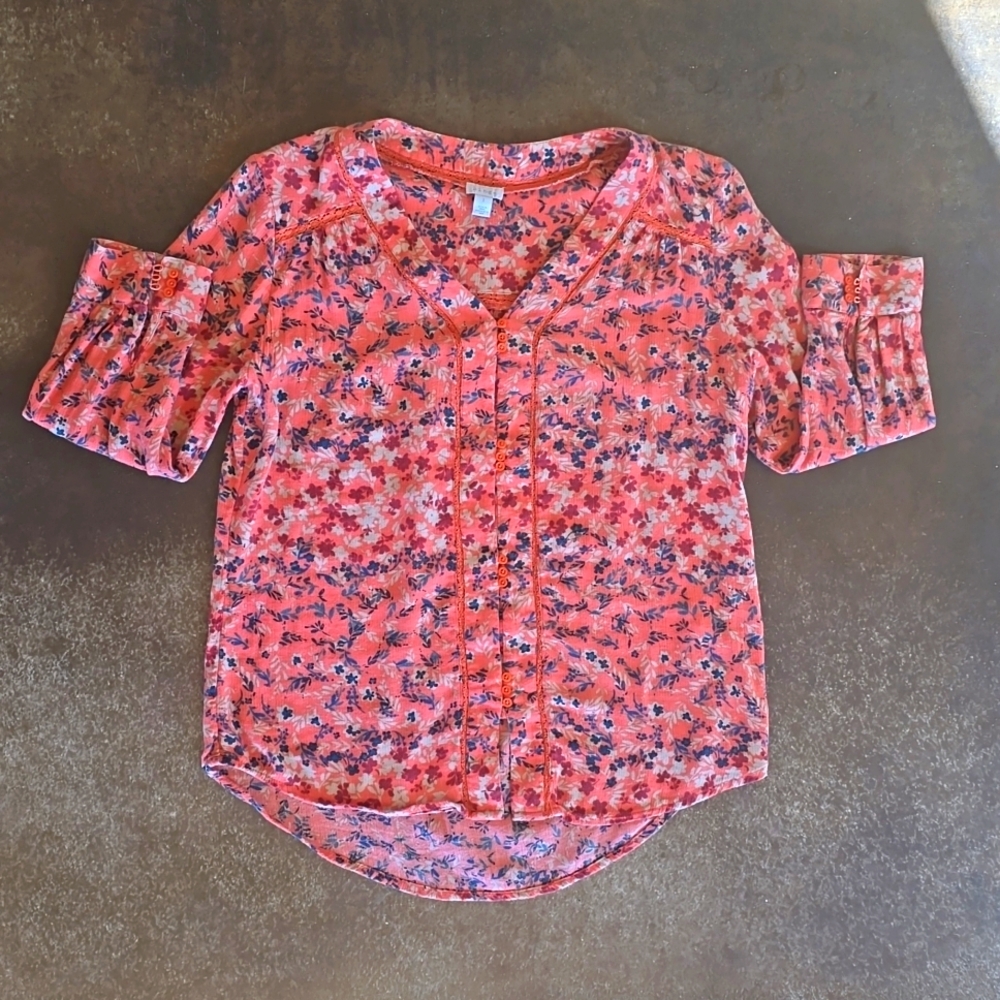 Hinge Orange Floral Lace Trimmed Top Size Large